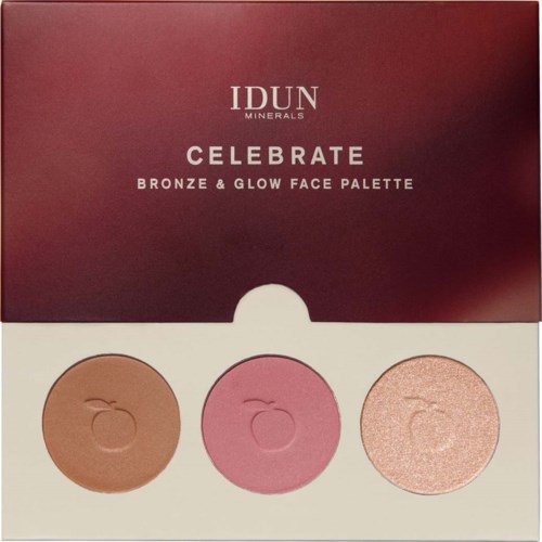 Three makeup blushes in bronze, pink, and shimmering peach inside a box from IDUN Minerals.