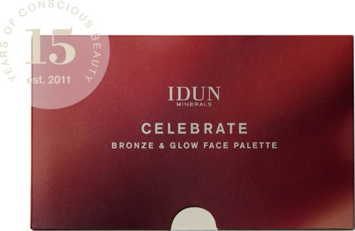 A red box with white text for IDUN Minerals Celebrate bronze and glow face palette.