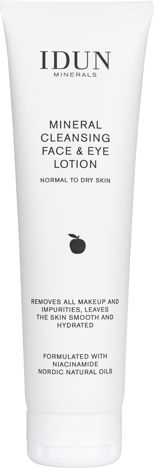 A white tube of face and eye lotion from IDUN Minerals with black text and a small black icon.
