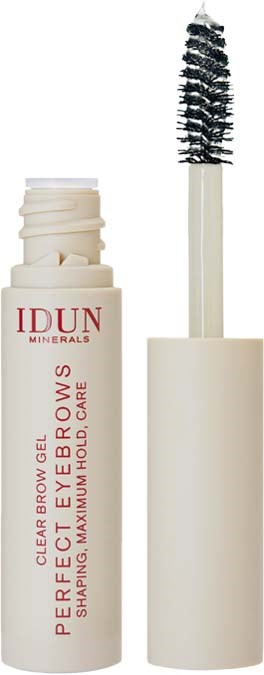 A clear brow gel in a white tube with a wand applicator for shaping eyebrows.