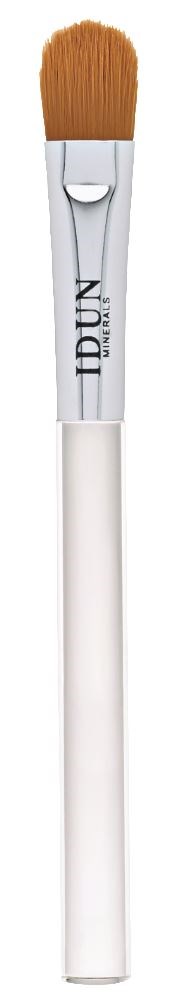 A makeup brush with brown bristles and a white handle, labeled with brand name. Suitable for applying makeup.