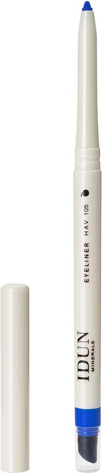 A white pen with blue tip and cap, labeled "IDUN EYELINER HAV 101".