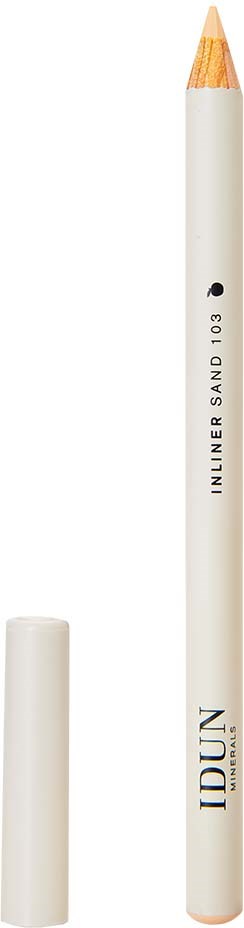A white eyebrow pencil with a sharpened tip and label, standing upright with a cap beside it.