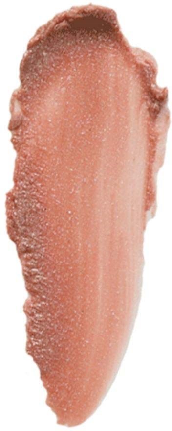 Swatch of peach-colored lipstick with a glossy finish and textured edge.