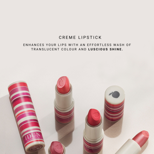 Three lipstick tubes with pink, red, and nude shades in front of a text about lipstick benefits.