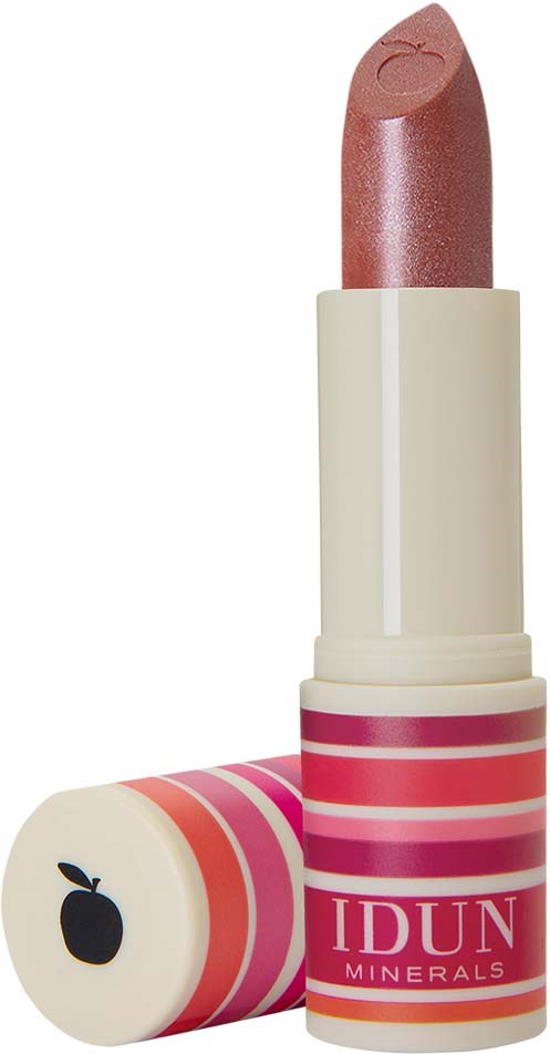 A lipstick tube with a pink and red striped design and a cap with an apple symbol.