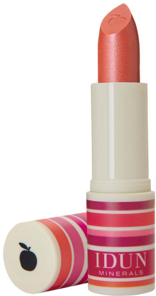 Corallfärgad läppstift med vit och rosa randig tube som är märkt IDUN MINERALS.