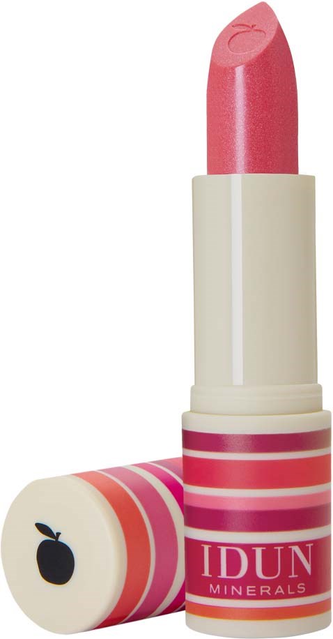 A pink lipstick stands upright with a matching striped cap lying beside it. The cap has a small black lemon icon.
