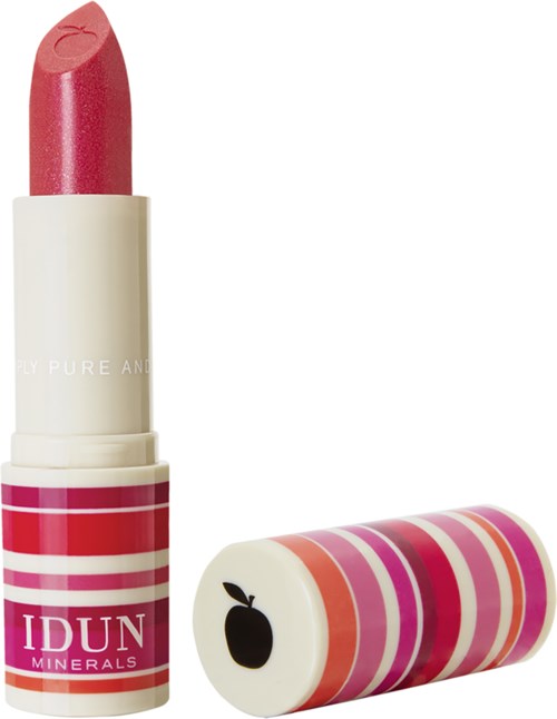 A pink lipstick with a striped pink and white design on the cap. The lipstick is extended partly.