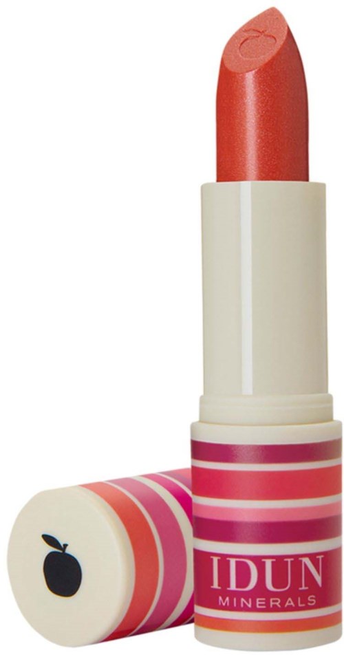 Pink and white striped lip balm tube with a lipstick inside and a matching cap with a black fruit icon.