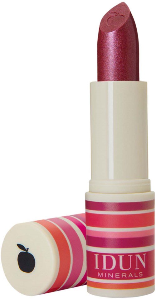Läppstift i rosa med vit- och rosa randig tub, märkt IDUN Minerals.