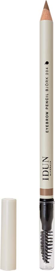 Ein weißer Augenbrauenstift mit transparentem Deckel, beschriftet "IDEAL ALL REVOLVING EYEBROW PENCIL" und einer kleinen Spoolie-Bürste.