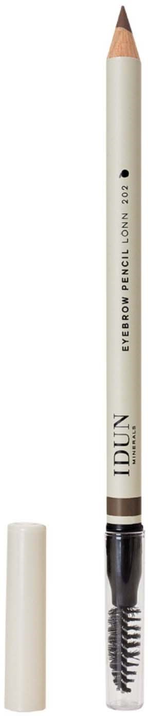 White eyebrow pencil with black text and a built-in spoolie brush at the end.