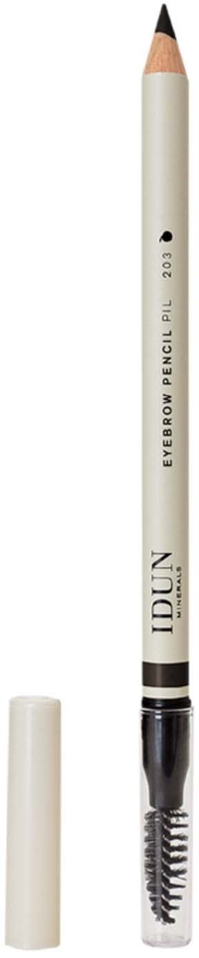 A white eyebrow pencil with a spoolie brush at the end and text on the side reading IDUN, Everday Pencil, 2013.