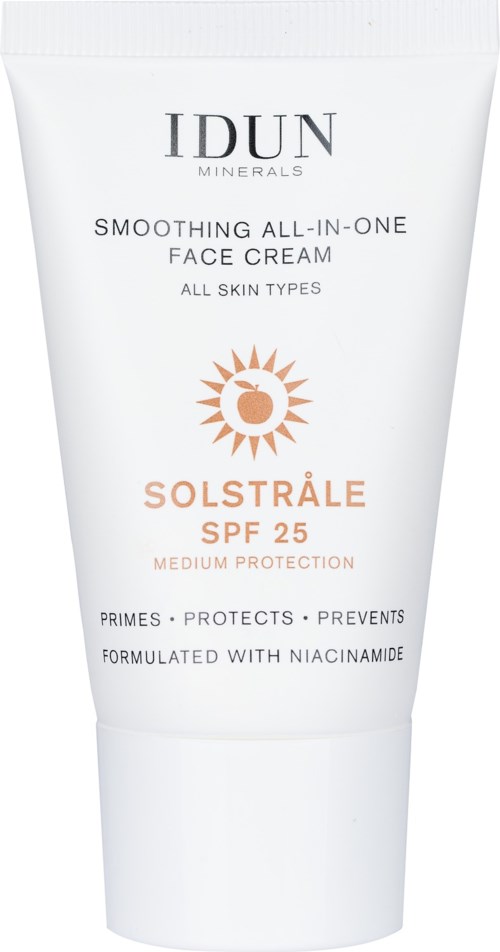 A white tube of face cream with SPF 25, labeled for all skin types, featuring sun protection and niacinamide.
