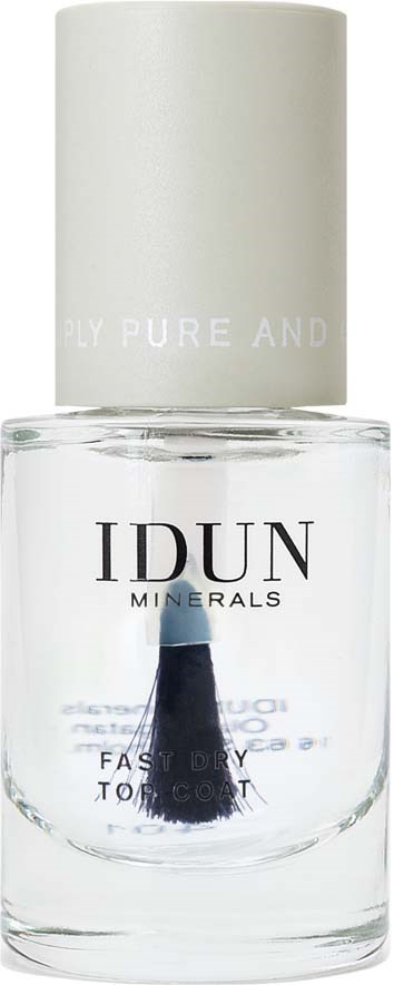 Eine klare Nagellackflasche mit weißem Deckel, beschriftet IDUN Minerals, wahrscheinlich Nagellack oder Basislack.