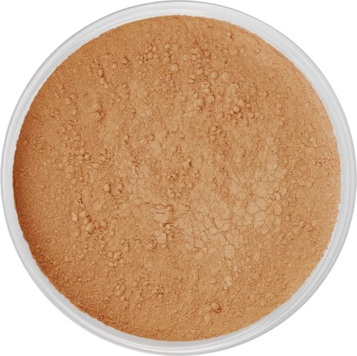 A round container with light brown, powdery substance inside. It looks dry and somewhat rough in texture.