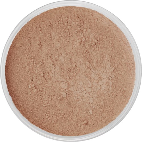 Ein runder Behälter mit hellbraunem Pulver, wahrscheinlich Make-up oder Kosmetikprodukt.