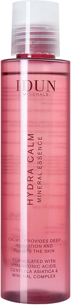 Pink bottle of IDUN Hydrating Calming Mineral Essence with clear cap, containing deep hydration ingredients for skin.