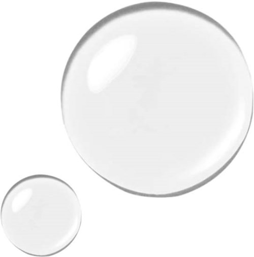 Two clear, shiny bubbles of different sizes float against a white background.