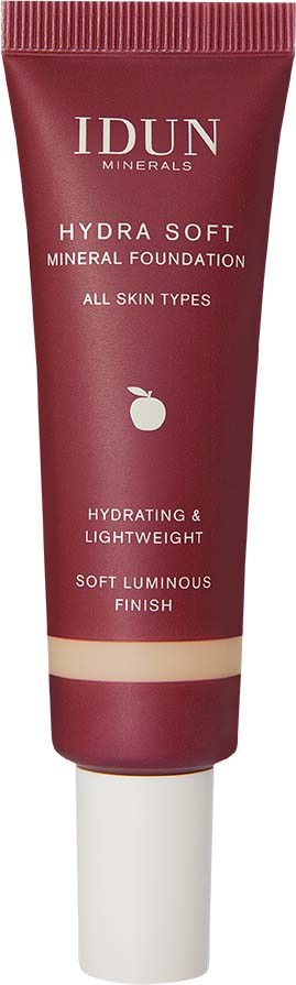A tube of IDUN Minerals Hydra Soft Mineral Foundation for all skin types, described as hydrating, lightweight, and with a soft luminous finish.