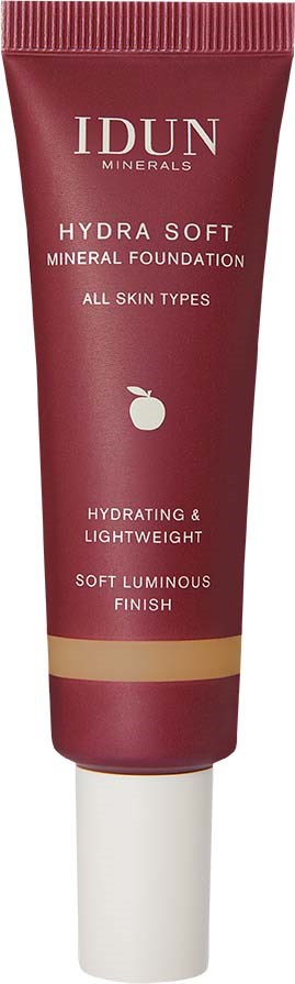 A maroon tube of IDUN Minerals Hydra Soft Mineral Foundation for all skin types, hydrating and lightweight, with a soft luminous finish.