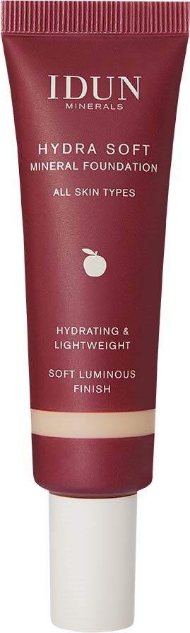A pink tube of IDUN Minerals Hydra Soft Mineral Foundation for all skin types, hydrating and lightweight with a soft luminous finish.