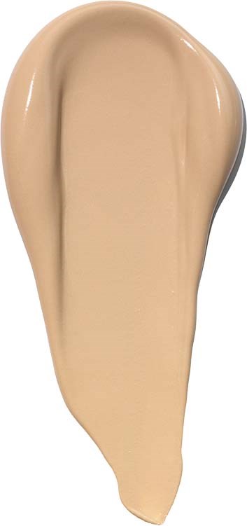 A makeup sponge with a beige color, teardrop shape, and soft texture.