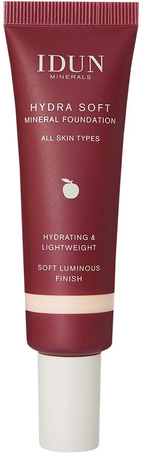 Pink tube of IDUN Minerals Hydra Soft Foundation for all skin types, lightweight, hydrating, with luminous finish.