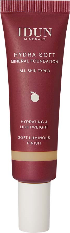 A tube of IDUN Minerals Hydra Soft foundation with pink packaging, white cap, and product description on the front.