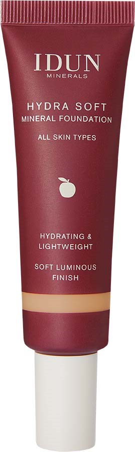 A tube of IDUN Hydra Soft Mineral Foundation, promoting hydration, lightness, and a luminous finish for all skin types.