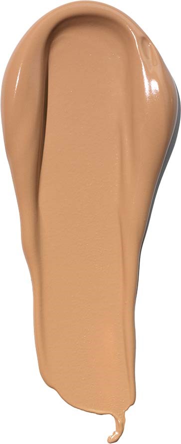 A dollop of beige liquid foundation with smooth texture and glossy surface on a white background.