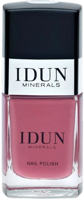 A pink nail polish bottle with a black and white cap and label reading 'IDUN Minerals Nail Polish.'
