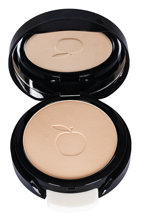 A compact powder case with pressed powder inside, featuring an apple logo. The case is black with a mirror.