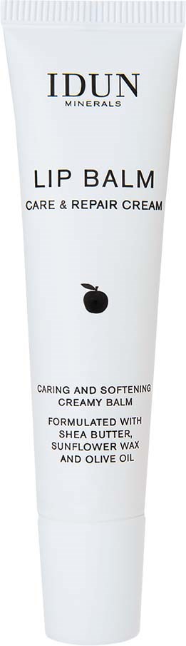 Weiße Tube mit schwarzem Text, kleines schwarzes Symbol, enthält Sheabutter, Sonnenwachs und Olivenöl.