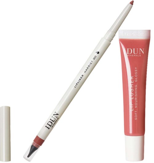 Leppestift med lys rosa nyanse og myk rosa gloss i tube. Begge produkter fra IDUN Minerals.
