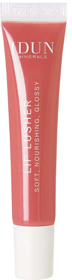 A pink tube of DUN Minerals lipstick, labeled as soft, nourishing, glossy.
