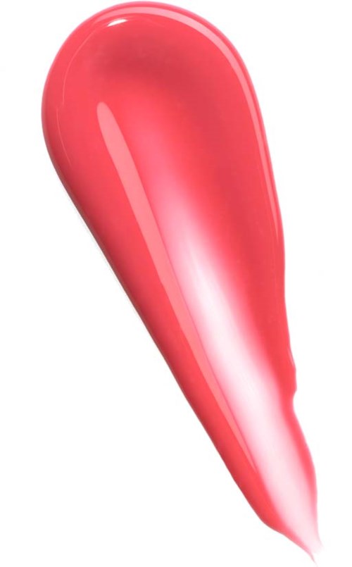 A pinkish-red, glossy, teardrop-shaped object with a smooth surface and shiny finish.