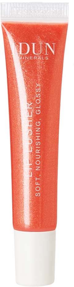 A tube of DUN Minerals lip gloss, soft, nourishing, and shiny, in a red-orange color.