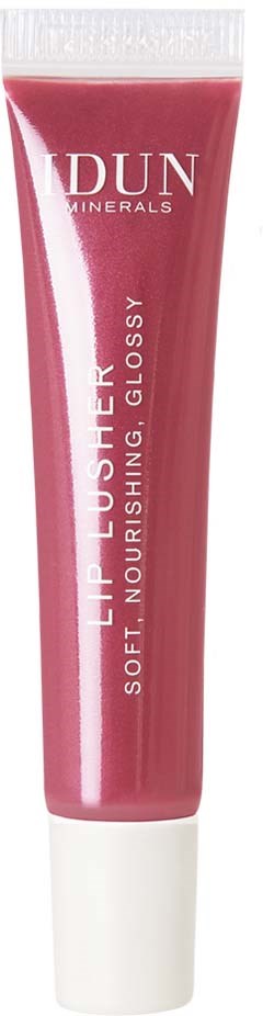 Pink tube of Lip Plusher gloss with white cap, labeled 'DUN Minerals' and 'Soft, Nourishing, Glossy'.