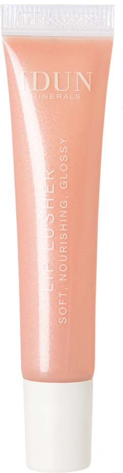 A pink tube of DUN Minerals soft nourishing gloss lip product. Simple design with white cap and text.