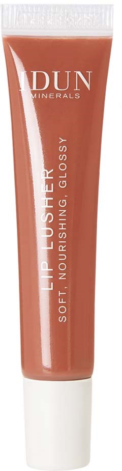 A tube of DUN Minerals lip gloss labeled as soft, nourishing, and glossy.
