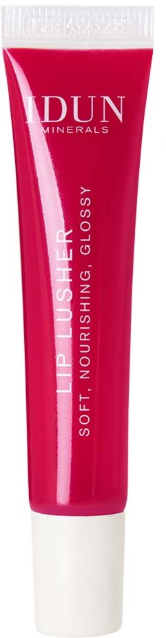 A red tube labeled 'IDUN Minerals' with white text, containing soft nourishing gloss.