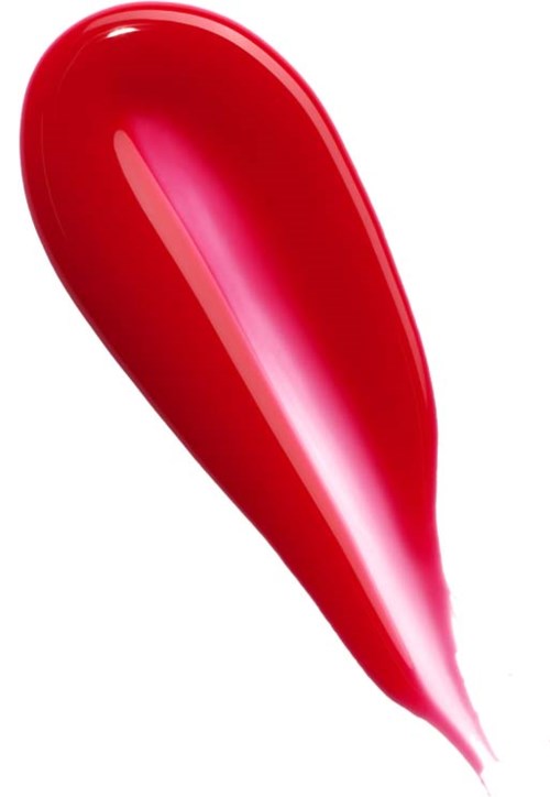 A bright red, shiny, teardrop-shaped object with a smooth surface and a pointed end.