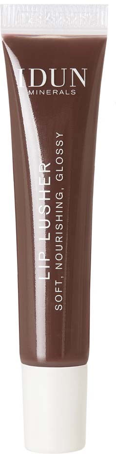 A brown tube with white cap, labeled 'IUN Minerals Lip Luster' for nourishing, glossy, soft lips.