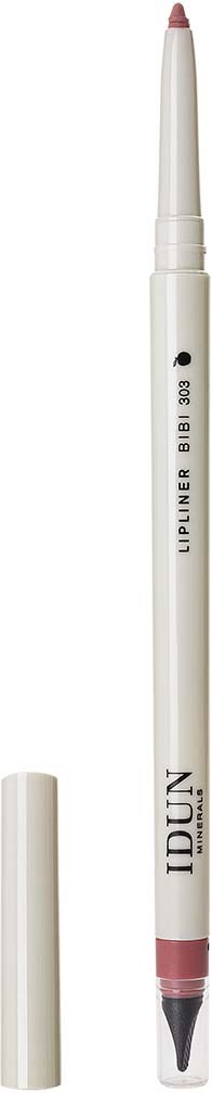 A white pen with a pink tip and a black bottom cap, labeled "IDUN" and "Lipliner".
