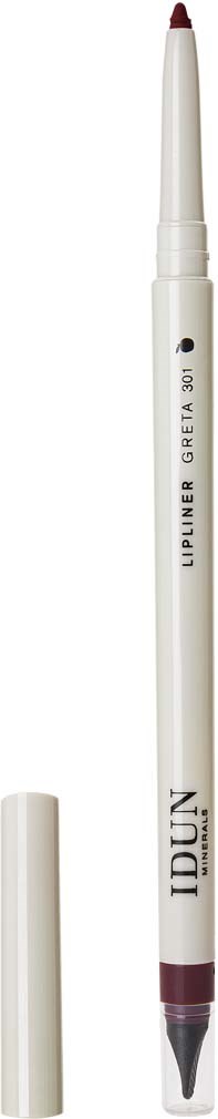 A white lip liner pencil with a red tip and an off-white cap, labeled "LIPLINER GRETA 301" and "IDUN".