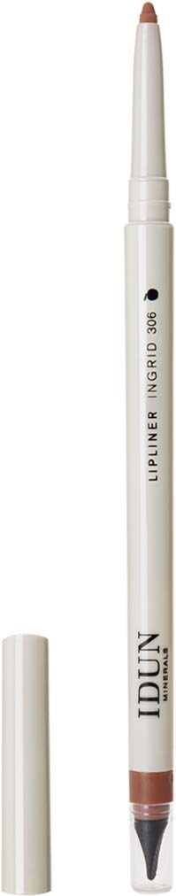 A white lip liner pencil with a black tip, labeled 'IDUN' and 'LIPLINER IN GRID 030' with its cap removed.