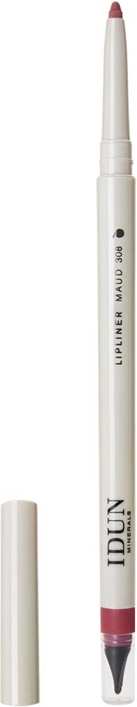 A white dual-ended lip liner with pink tips, one side with a twist-up pencil and the other a sharpener.