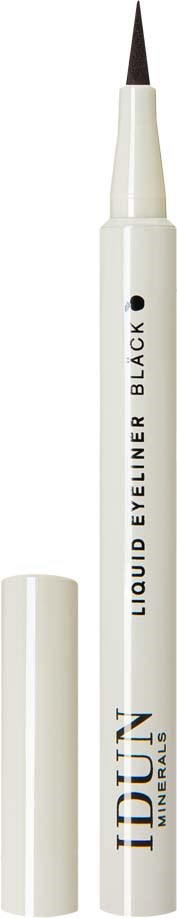A white liquid eyeliner pen with black tip and black text, labeled "Liquid Eyeliner Black" and "Tint Minerals".